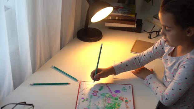 slow motion portrait of little girl student sitting at table at home, whiting, knocking pencil on book, kid looking for object with her eyes