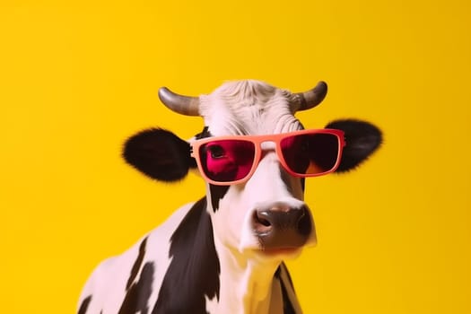 nature sunglasses portrait cow comical cool cartoon yellow animal ai cute colourful funny milk white face fashion character orange head. Generative AI.