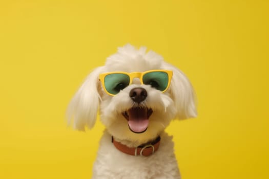 dog friend orange background isolated student red funny small sunglasses pet cute pink blue portrait animal brown fun smile doggy adorable. Generative AI.