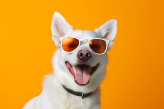 dog orange animal young happy birthday sunglasses breed puppy pet fun smile isolated funny portrait cute small copy party background concept student space. Generative AI.