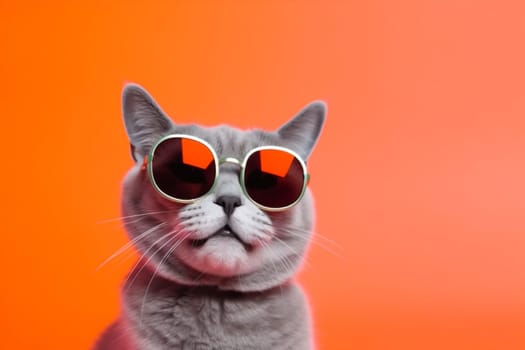 colourful adorable pink beautiful glass sunglasses beauty look fur funny portrait animal cat neon nature cute eye pet fashion party. Generative AI.