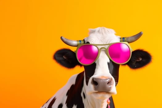 goggles sunglasses farm looking funny colourful portrait character cow cute design retro style face orange ai bull animal head colours. Generative AI.