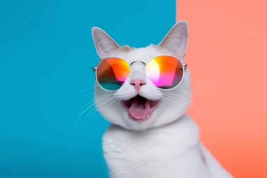 portrait fur animal pet funny eye summer cute style pretty fashion nature sunglasses colourful party kitten cat violet neon creative. Generative AI.