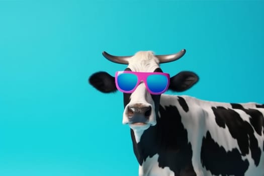 sunglasses beauty generative head mammal colourful cow goggles cool face orange funny wearing portrait character animal bull nature cute humor. Generative AI.