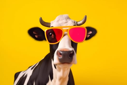 cow funny colourful cartoon face head ai white cute blue character orange comical expression nature wearing animal portrait sunglasses generative. Generative AI.