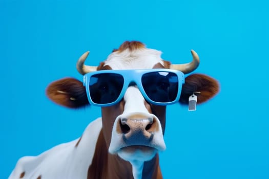 mammal milk cool dairy blue studio copy background funny cattle humor cow bull head space animal face sunglasses ai background eyeglass portrait. Generative AI.