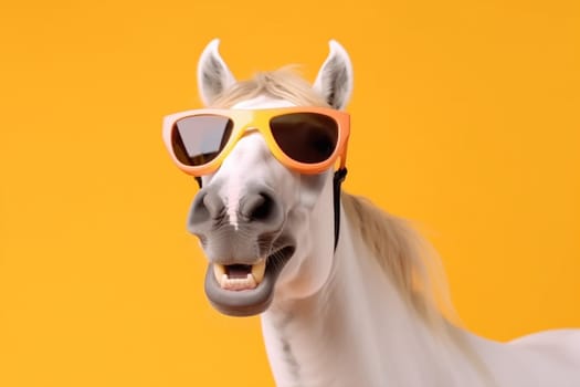 humor horse colourful nature animal sunglasses funny looking smile eye fun art ai beauty isolated goggles background dark portrait comic yellow. Generative AI.