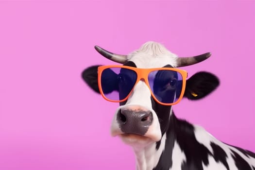 cow art isolated colourful cool nature cartoon sunglasses cute blue face head animal character wearing colours funny orange yellow portrait. Generative AI.