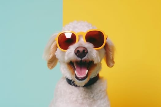 red dog fun beautiful animal puppy stylish trendy portrait summer isolated canine goggles cute sunglasses studio funny blue smile background pet. Generative AI.