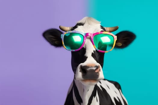 comical cute colourful portrait face fashion cow head ai sunglasses orange funny mammal looking character goggles happy generative animal trendy. Generative AI.