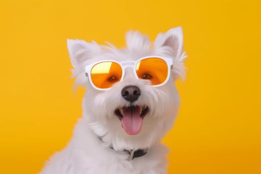 dog funny doggy sunglasses canine summer isolated orange animal pet stylish portrait friend goggles puppy purebred yellow smile breed background cute. Generative AI.