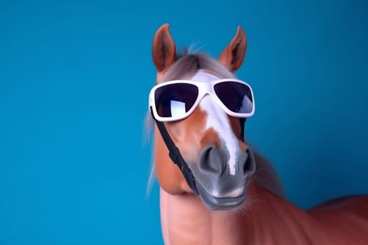 blue colourful advert wildlife dark eye animal horse fashion funny smile sunglasses ai model portrait goggles background beauty mane isolated fun. Generative AI.