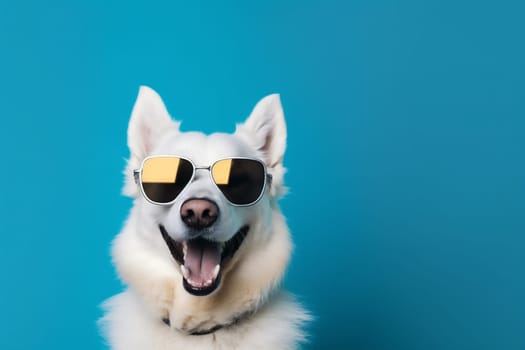 summer dog smile yellow blue breed portrait copy friend student isolated animal space humor brown background pet stylish sunglasses adorable funny cute. Generative AI.