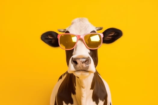 face cow animal nature head isolated cute pink character fashion sunglasses design funny colourful portrait art farm cartoon orange white. Generative AI.