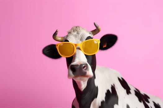 portrait character beauty cute milk pink head colourful nature cool face style sunglasses farm funny goggles isolated amusing cow animal. Generative AI.