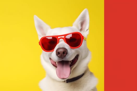 dog indoor smile cute fun sunglasses funny canine yellow young brown orange background pet animal friend isolated goggles stylish portrait blue. Generative AI.