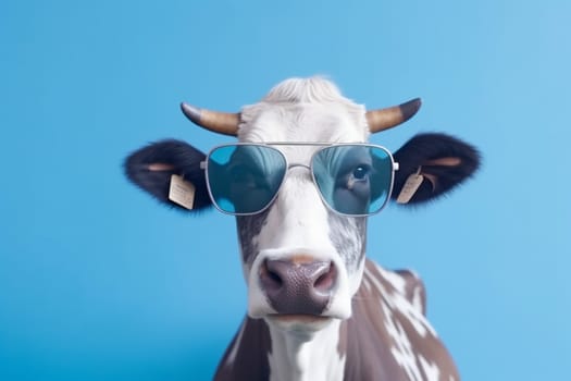 head animal concept blue background space copy face farm ai cow background fashion sunglasses postcard eyeglass animal portrait horn white dairy funny studio. Generative AI.