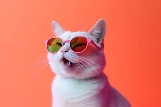 funny party looking cute space neon color nature white copy animal mammal colourful portrait violet fashion kitten sunglasses pet cat pink. Generative AI.