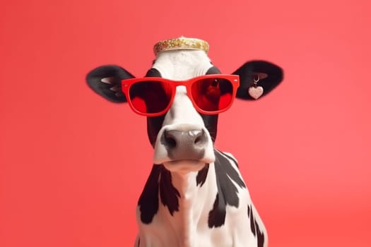 amusing generative head comical face wearing animal funny fashion cute farm portrait bull background colourful trendy sunglasses character cow isolated. Generative AI.