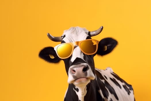 eyeglass beauty cow head colourful cartoon portrait funny blue generative fashion animal looking pink face trendy cute expression sunglasses character. Generative AI.
