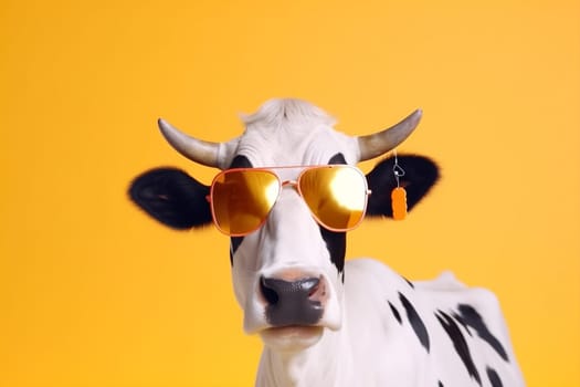 animal sunglasses art wearing beauty orange head colourful cool portrait cute character yellow cow style face mammal ai humor funny. Generative AI.