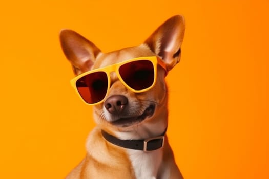 isolated dog blue sunglasses fashion smile summer pet background cute orange beautiful stylish animal cool adorable funny portrait friend brown humor. Generative AI.