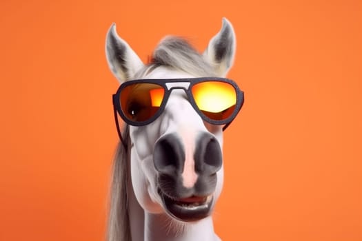 colours horse wild funny goggles portrait art colourful dark mammal smile pink beauty model fun animal mane background studio sunglasses looking. Generative AI.