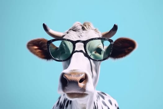 head blue goggles sunglasses concept smiling eyeglass animal mammal background beautiful face copy postcard space cow style funny animal farm portrait bull milk. Generative AI.