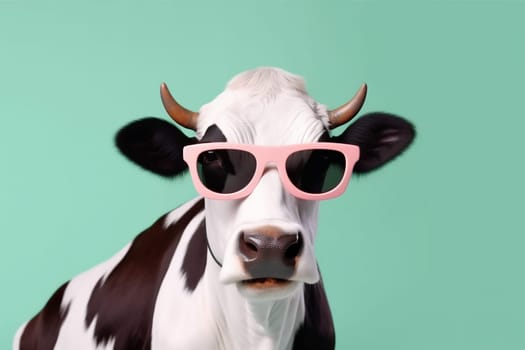 isolated yellow white ai farm mammal portrait cute happy sunglasses face cow animal cool wearing blue funny head colourful character. Generative AI.
