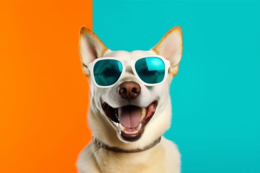 dog smile sunglasses brown cool cute animal purebred pet funny isolated stylish doggy pink portrait adorable summer friend beautiful background young. Generative AI.