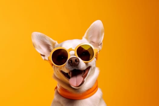 dog funny blue sunglasses isolated smile student cute orange concept beautiful pet animal brown small background portrait happy adorable summer red. Generative AI.