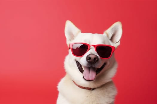 party dog isolated space copy pet sunglasses portrait adorable puppy funny domestic blue smile white cute student small background glasses animal canine birthday. Generative AI.