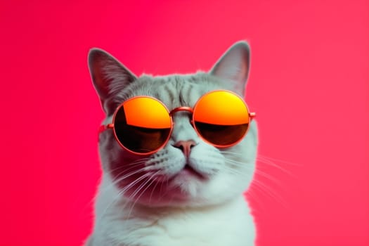 creative look style neon lovely lens colourful yellow summer fashion portrait animal pet funny sunglasses cat eyeglass cute pink glass. Generative AI.