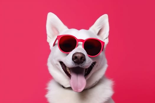 dog cool portrait humor smile animal glasses cute young indoor domestic canine background funny blue sunglasses pet isolated beautiful studio red. Generative AI.