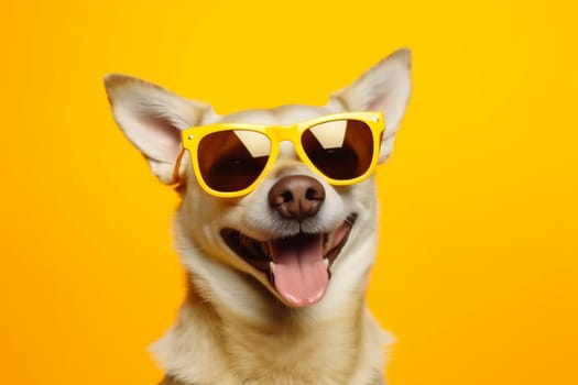 dog animal puppy red pet friend fun cute pink portrait domestic concept funny glasses background sunglasses yellow breed smile blue isolated. Generative AI.