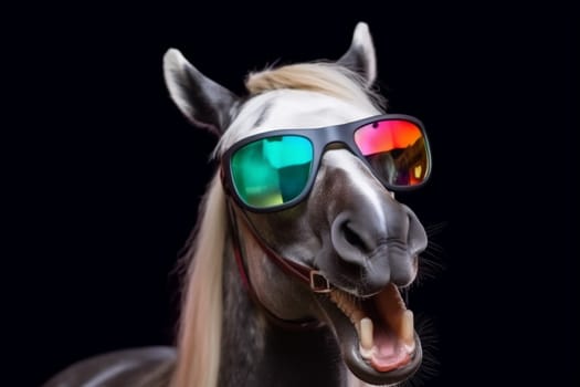 funny smile pastel horse background sunglasses animal head mane fun field art humor mammal colourful portrait cute dark studio wildlife goggles. Generative AI.