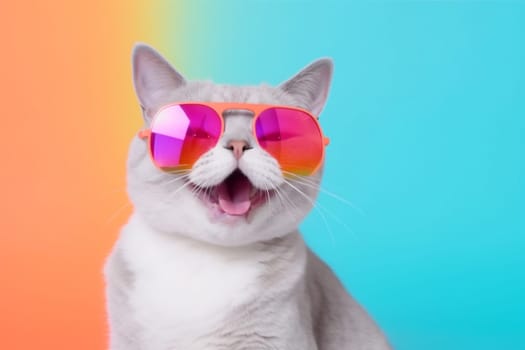 neon colourful isolated fur cute look sunglasses color pet kitten yellow nature animal fashion eye lens funny cat glass portrait. Generative AI.