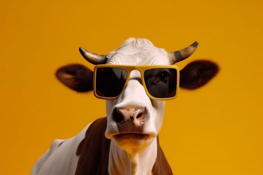 design colourful sunglasses retro funny expression cute character animal portrait colours yellow farm happy mammal blue cow cartoon face head. Generative AI.