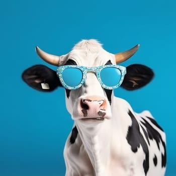 cartoon humor head funny dairy cow portrait blue smiling eyeglass beautiful happy trendy postcard animal cattle space copy background face sunglasses fashion. Generative AI.