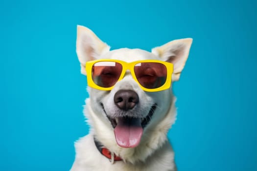 dog background birthday trendy student isolated smile sunglasses indoor studio fashion beautiful animal fun pet breed cute young party funny brown portrait. Generative AI.