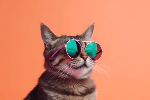 colourful pretty cat violet neon fashion kitten white nature trendy mammal yellow animal fur looking sunglasses cute portrait pet funny. Generative AI.