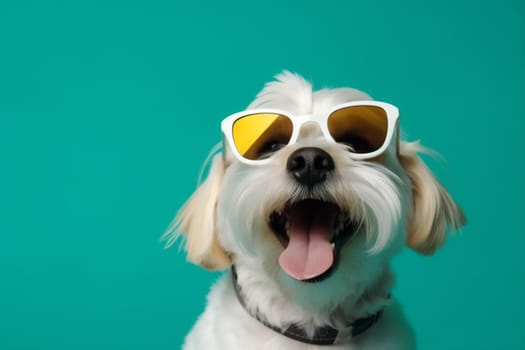 glasses dog pet friend studio background yellow puppy smile student animal small funny cute portrait sunglasses isolated purebred cool happy trendy. Generative AI.