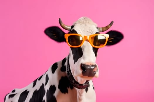 cute trendy head white happy retro funny pink face colourful character eyeglass milk animal cow portrait generative amusing farm sunglasses. Generative AI.