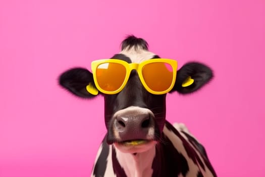 colourful face sunglasses orange bull looking cute beauty head funny humor cow portrait nature animal mammal cool expression character farm. Generative AI.