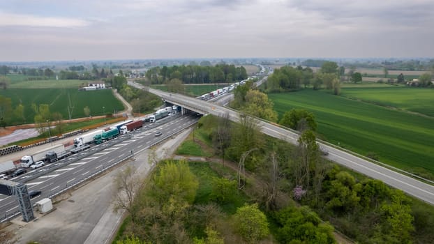 Piacenza, Italy - 13 April 2023 Traffic jam on highway during rush hou in autostrada del sole, italy near Piacenza