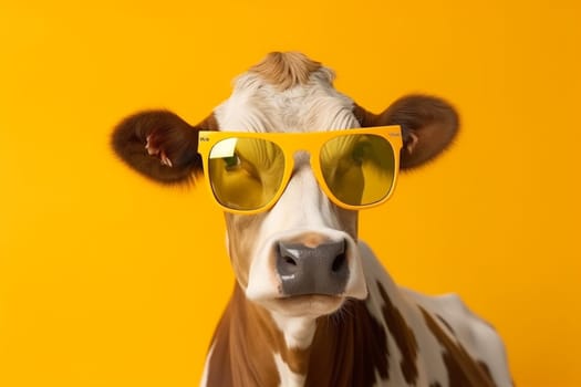 head looking retro design colourful yellow cow expression animal cute eyeglass sunglasses character face colours orange funny art humor portrait. Generative AI.