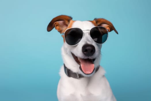 breed dog summer isolated indoor blue background cute sunglasses trendy fun portrait smile animal brown concept goggles cool pet purebred funny. Generative AI.