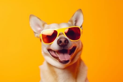 glasses dog pet smile adorable goggles white trendy animal party isolated orange background birthday breed cute funny portrait student sunglasses friend summer. Generative AI.