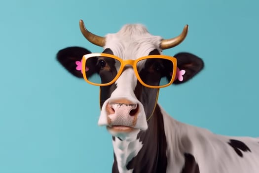 generative funny sunglasses background trendy portrait expression goggles amusing character orange cute art cow animal face head isolated colourful fun. Generative AI.