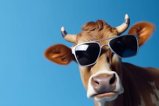 face copy bull portrait cool background white funny humor animal space smiling trendy fashion head sunglasses cow blue studio eyeglass goggles cattle. Generative AI.